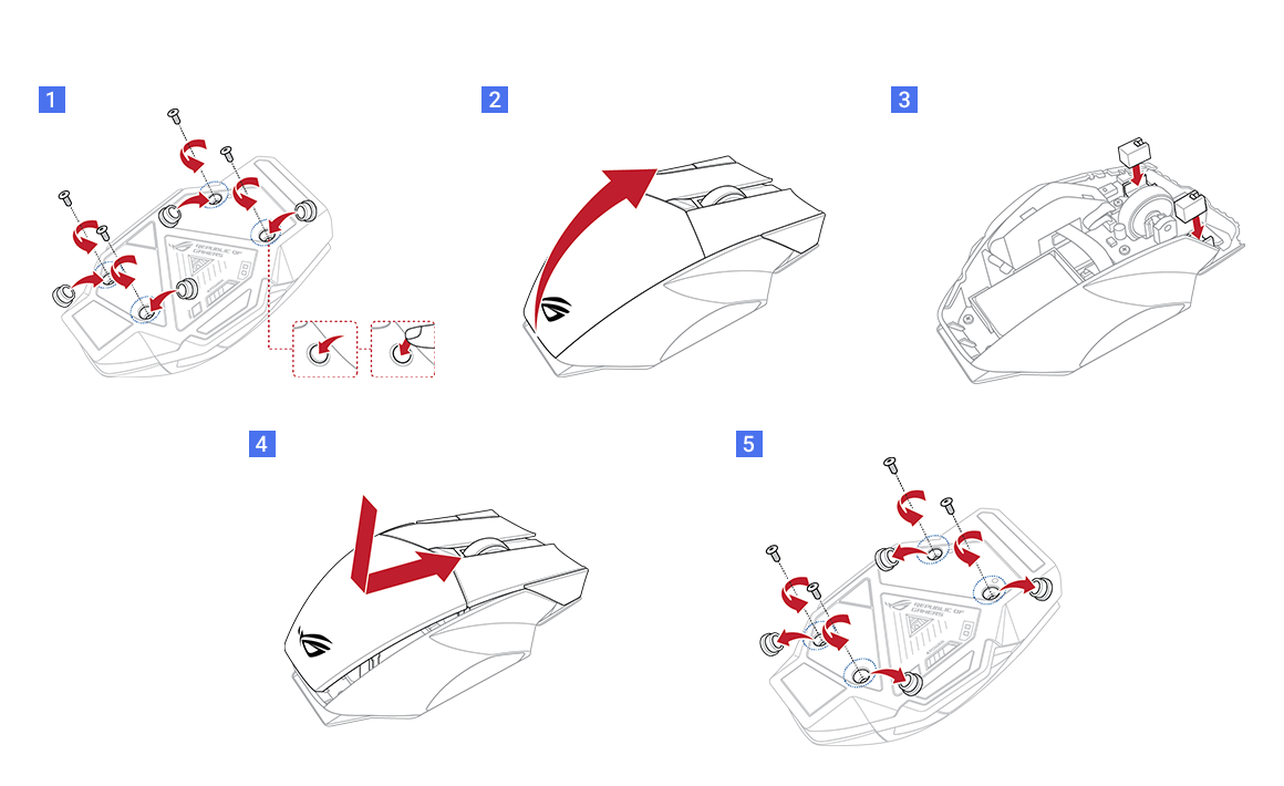 Step 1: Remove the four rubber screw covers and screws underneath the ROG Spatha X. Step 2: Remove the top cover. Step 3: Swap out the old switches and put in new ones. Step 4: Slide the top cover back onto the mouse. Step 5: Put back all the screws and rubber screw covers