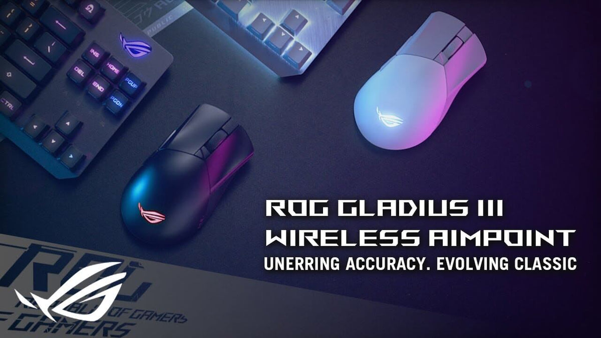 The black and white ROG Gladius III Wireless AimPoint set on a surface