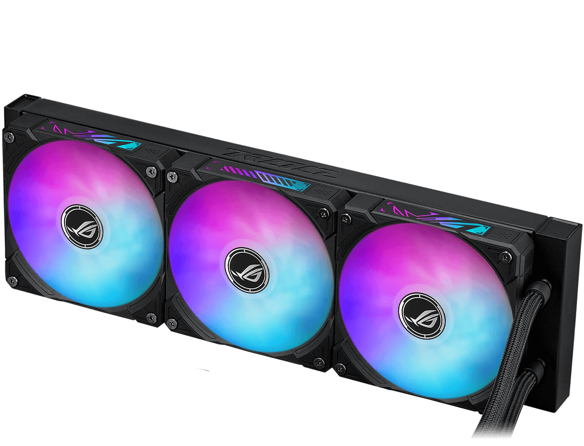 Three ARGB fans mounted on a liquid cooling radiator, showcasing customizable colorful lighting and a premium metallic texture.