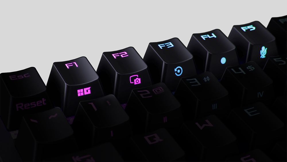 Close-up on the F1 to F5 keys on ROG Strix Scope II 96 Wireless