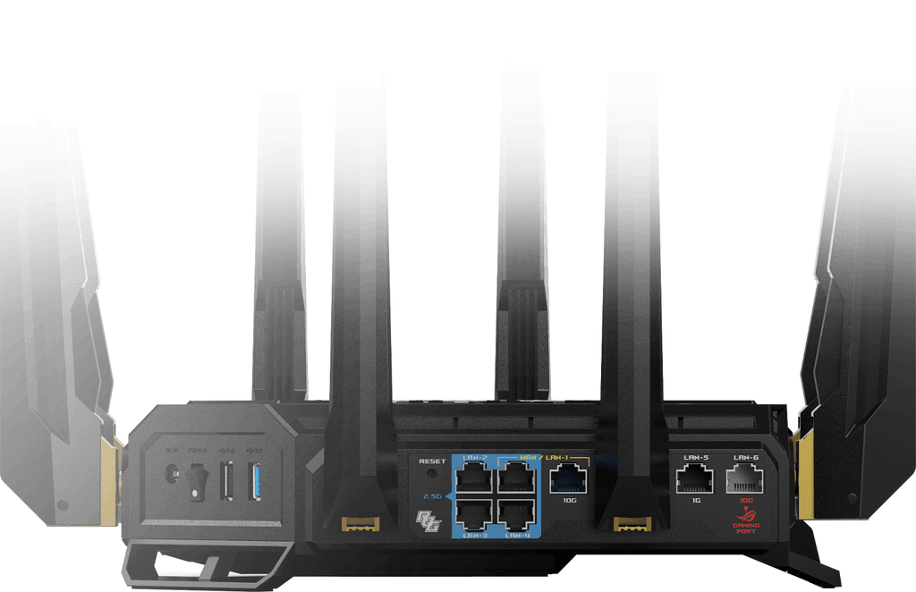 Rear view of ROG Rapture GT-BE98 Edition 20 showing dual 10G ports, multiple 2.5G LAN ports, and dedicated gaming port.