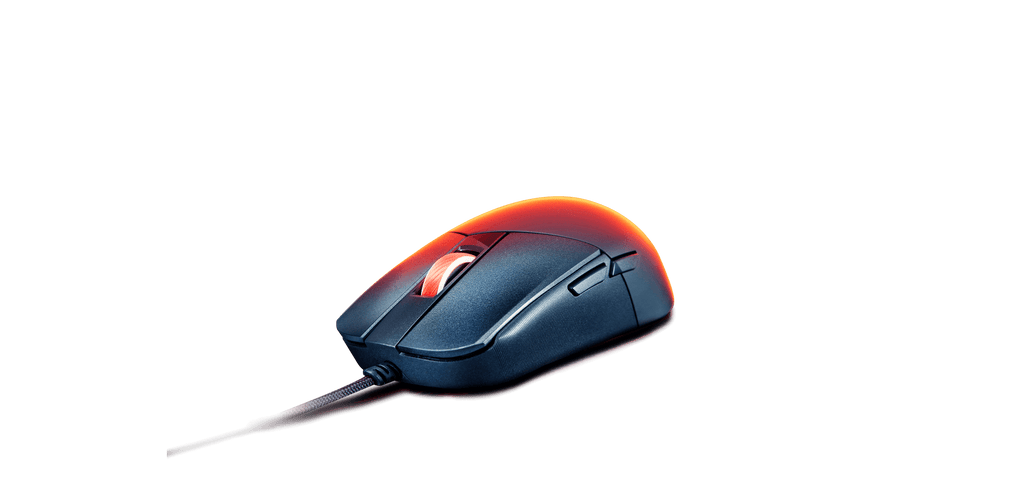 The ROG Strix Impact III on a dark surface, with orange lights coming out from behind it