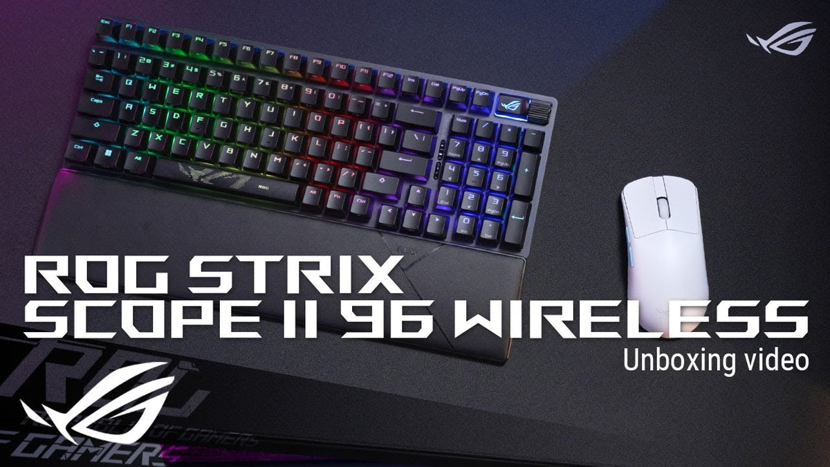 ROG Strix Scope II 96 Wireless on desk with ROG Harpe Ace Aimlab Edition on the side