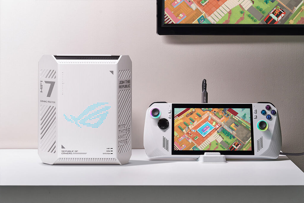 ROG Strix GS-BE7200 WiFi 7 router placed on a white shelf next to a ROG Ally handheld gaming device displaying a colorful game scene on screen.