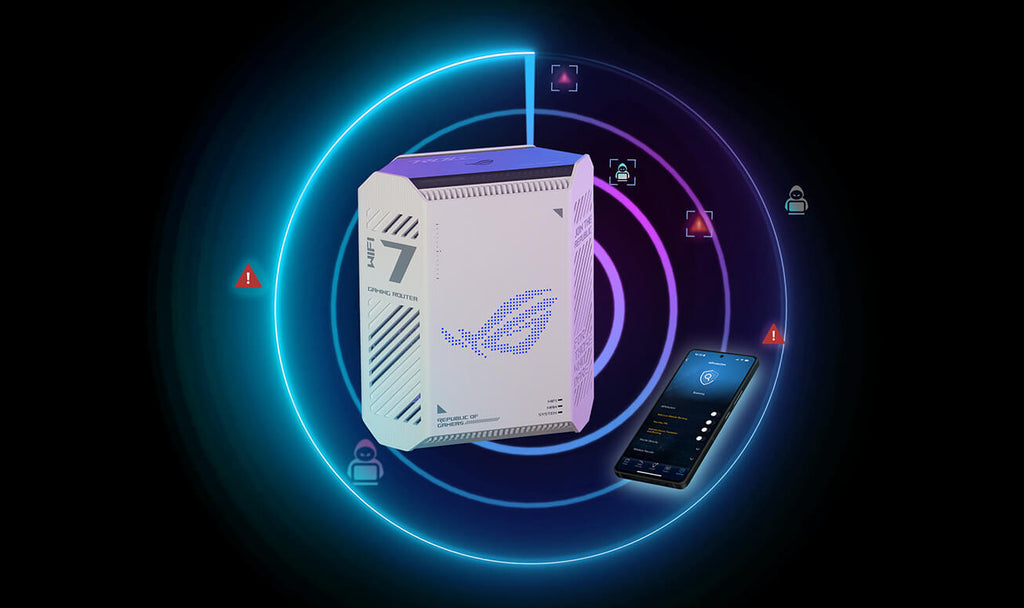 ROG Strix GS-BE7200 WiFi 7 gaming router surrounded by concentric security rings and warning icons, with a smartphone displaying network protection features.