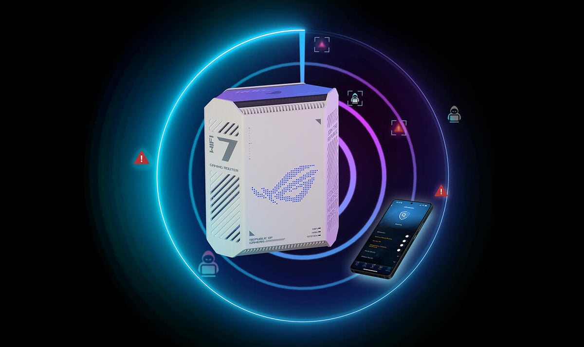 ROG Strix GS-BE7200 WiFi 7 gaming router surrounded by concentric security rings and warning icons, with a smartphone displaying network protection features.