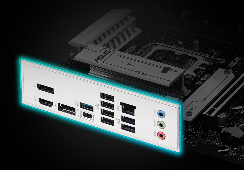 Graphic depicting the PRIME B860M-A-CSM pre-mounted I/O Shield.