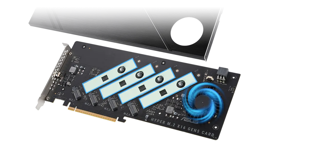 Image highlighting the internal thermal pad design of ASUS Hyper M.2 x16 Gen5 Card