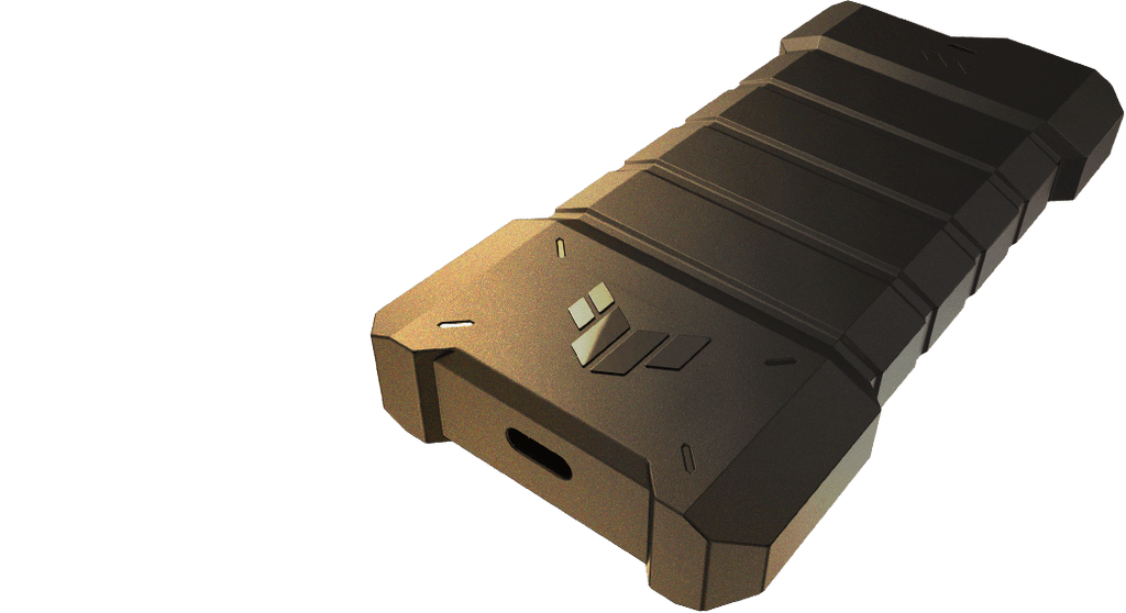 TUF Gaming A2 SSD, angled front view with a desert backdrop