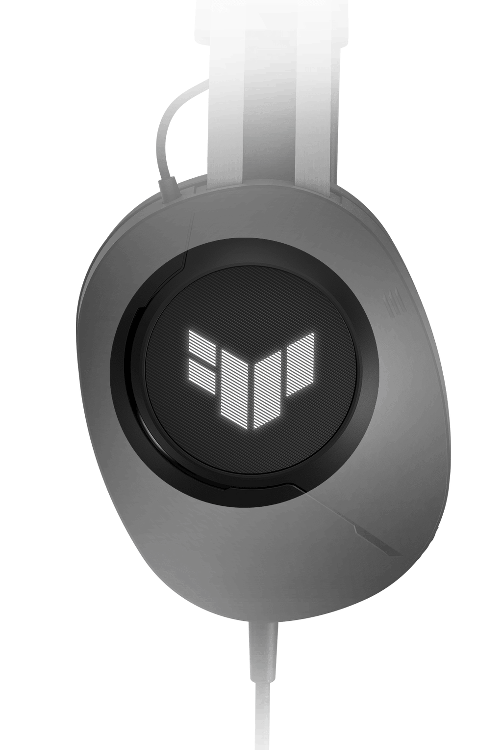 The left side of TUF Gaming H1 Gen II with the design materials to highlight the TUF Gaming logo on the earcup.