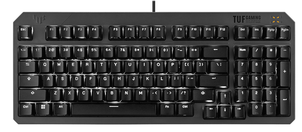 TUF Gaming K3 Gen II Keyboard showcasing its RGB lighting effect.