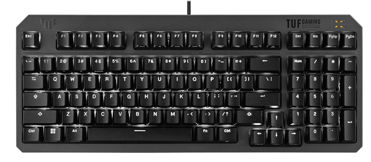 TUF Gaming K3 Gen II Keyboard showcasing its RGB lighting effect.