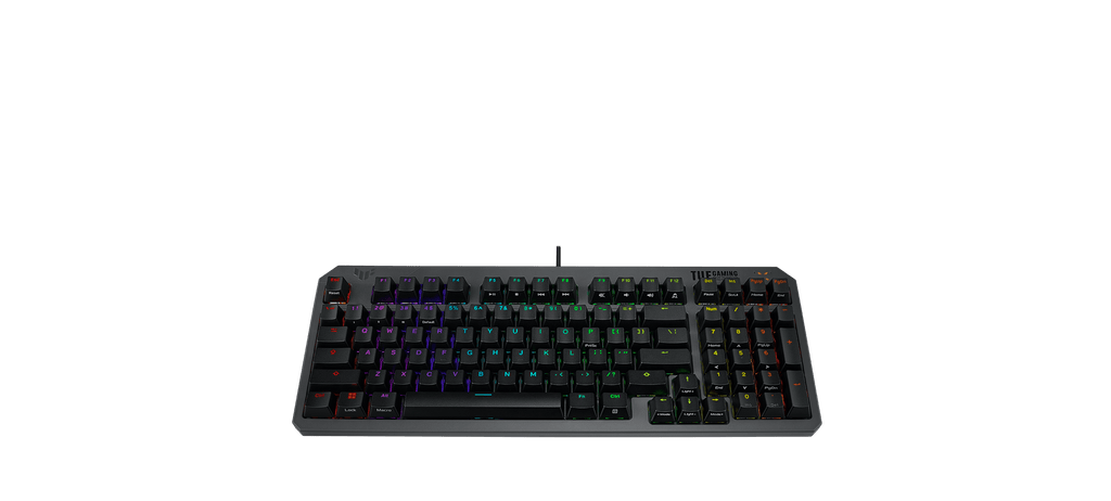 TUF Gaming K3 Gen II Keyboard front covered with dust and water, showcasing its IP57 feature.