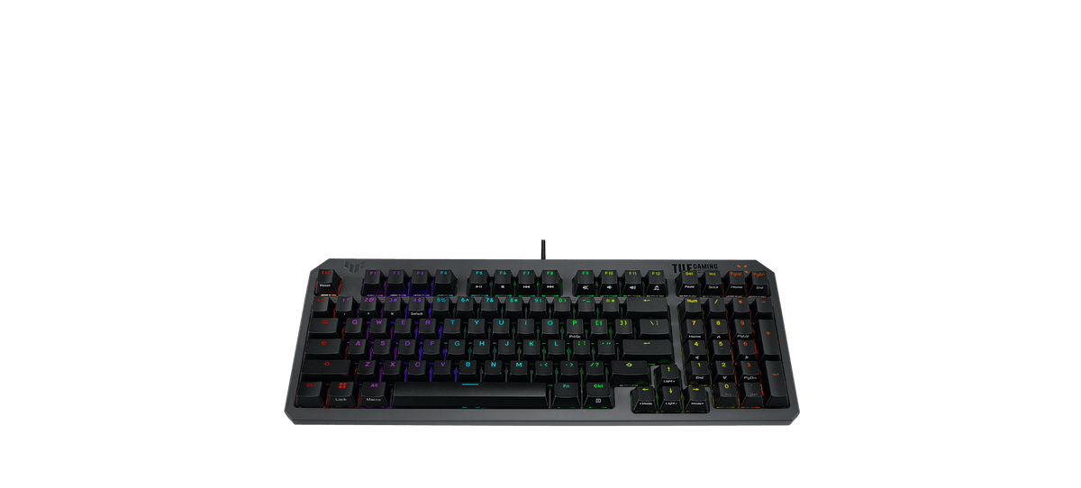 TUF Gaming K3 Gen II Keyboard front covered with dust and water, showcasing its IP57 feature.