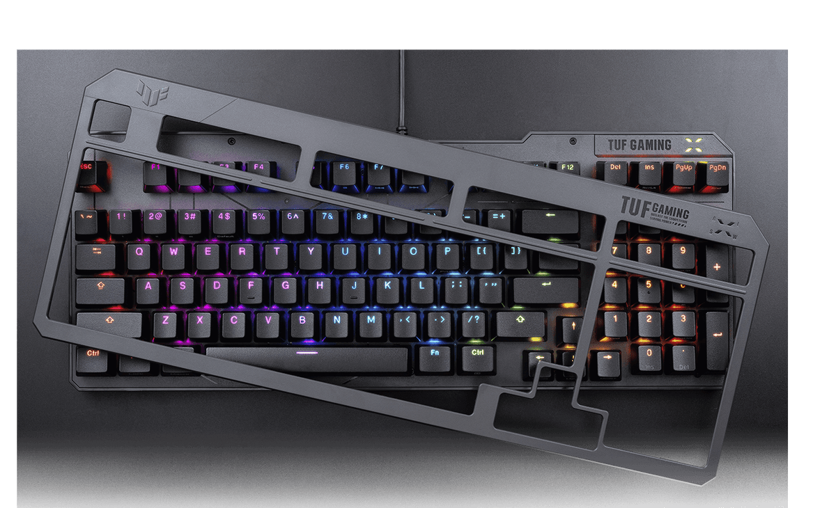 A removed detachable cover placed on top of TUF Gaming K3 Gen II Keyboard.