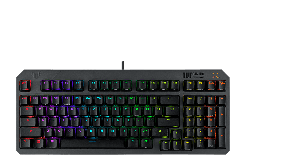 TUF Gaming K3 Gen II Keyboard laying on top of a 100% keyboard, showing its compact form factor.