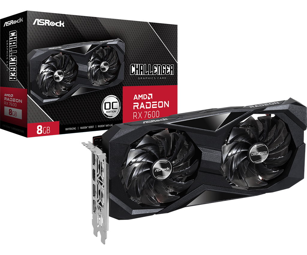 ASRock Radeon RX 7600 Challenger OC 8GB GDDR6 Graphics Card - retail box and card