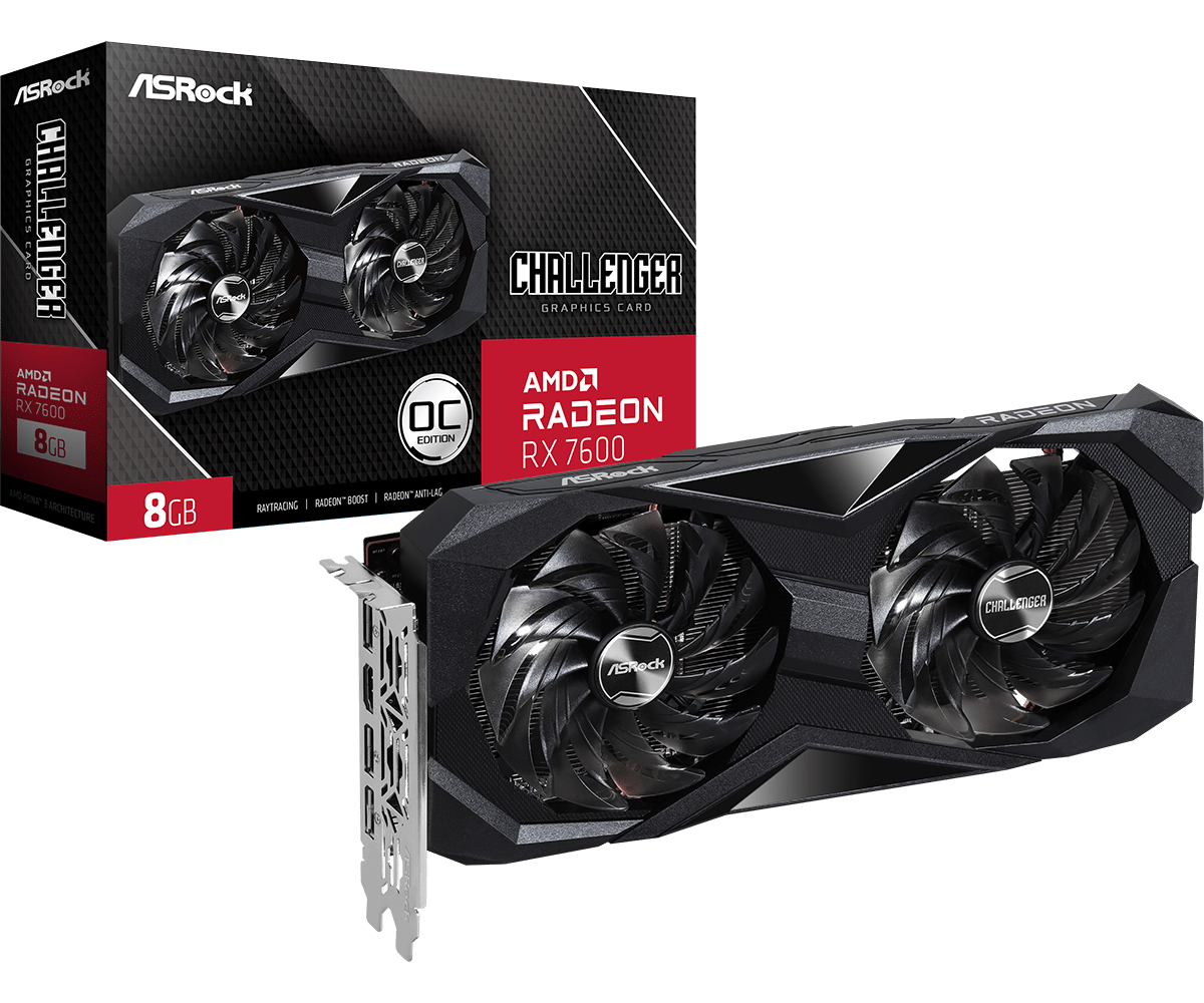 ASRock Radeon RX 7600 Challenger OC 8GB GDDR6 Graphics Card - retail box and card