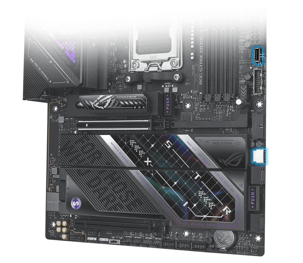 Highlight the two USB 20Gbps TYPE-C® FRONT-PANEL CONNECTORS of ROG Strix X870E-E Gaming WiFi7 Neo, along with ROG Strix Helios II