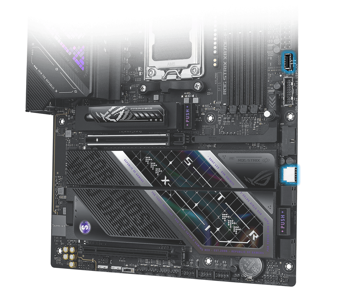 Highlight the two USB 20Gbps TYPE-C® FRONT-PANEL CONNECTORS of ROG Strix X870E-E Gaming WiFi7 Neo, along with ROG Strix Helios II