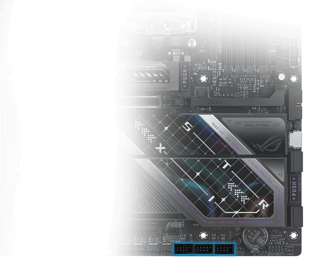 The ROG Strix X870E-E Gaming WiFi7 Neo features USB-THREE USB 2.0 HEADERS