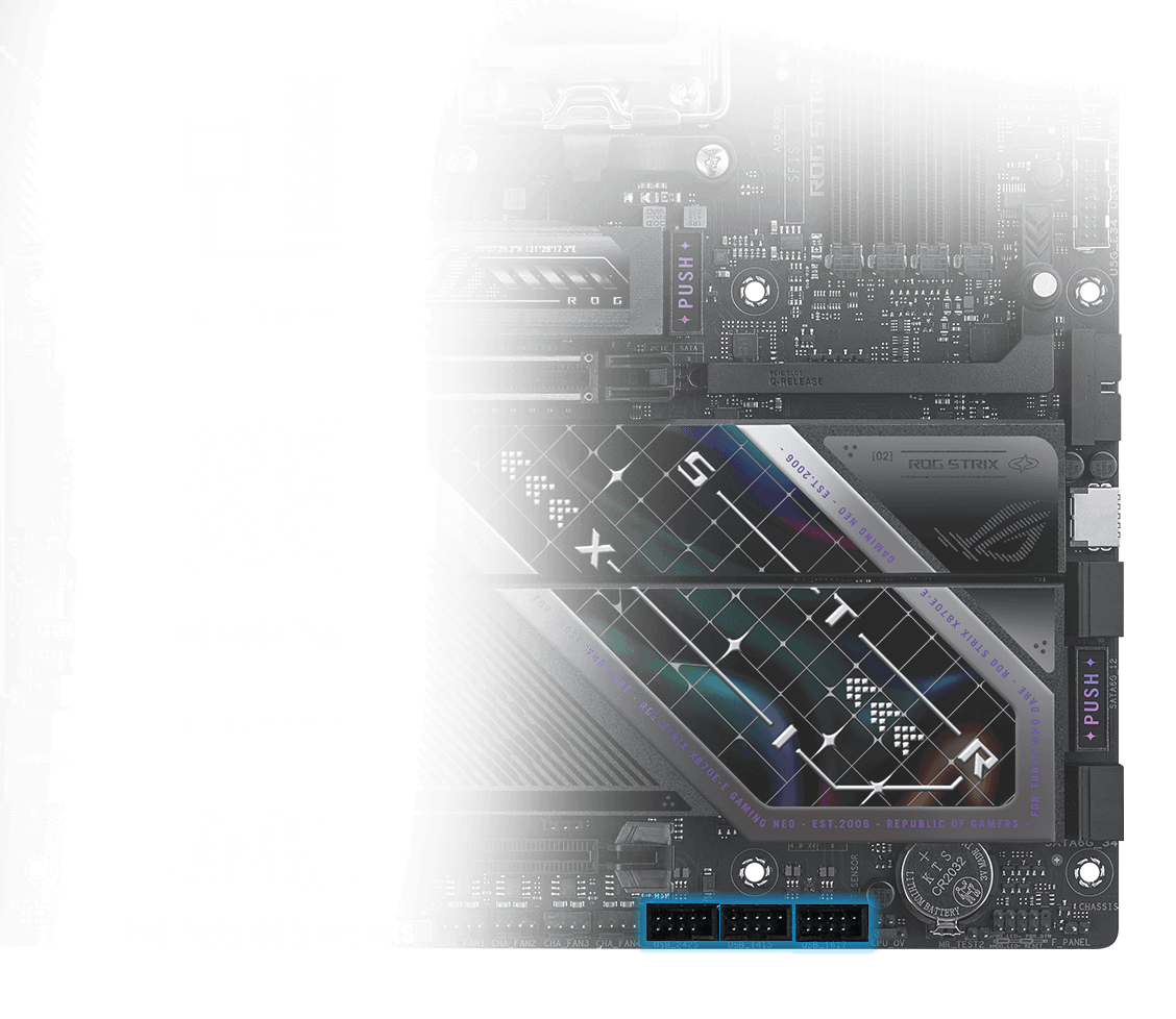 The ROG Strix X870E-E Gaming WiFi7 Neo features USB-THREE USB 2.0 HEADERS