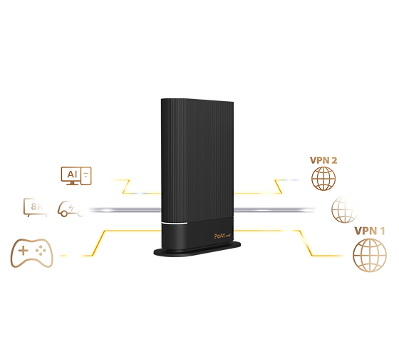 ProArt PRT-BE5000 connects to gaming, 8K, AI, car icons and two VPN globes