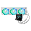 Front-facing isometric view of the ASUS Prime LC II 360 ARGB LCD White Edition 360mm radiator kit with three illuminated ARGB fans alongside the LCD pump block.