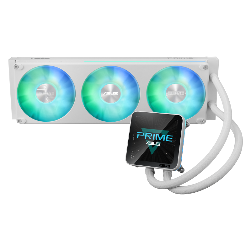 Front-facing isometric view of the ASUS Prime LC II 360 ARGB LCD White Edition 360mm radiator kit with three illuminated ARGB fans alongside the LCD pump block.