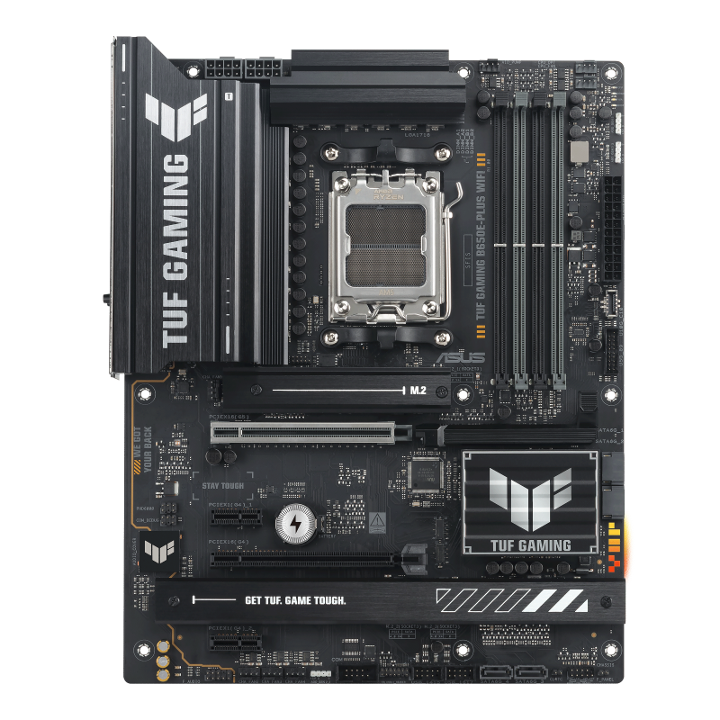 TUF GAMING B650E-PLUS WIFI front view, with Aura lighting